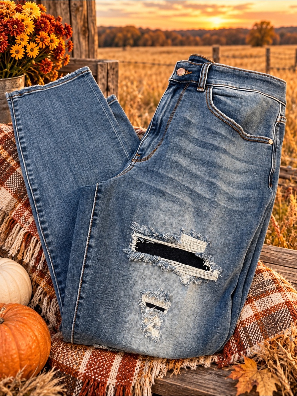Judy Blue Distressed Medium Blue Straight Leg Jeans
